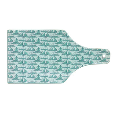 Ambesonne Marine Tempered Glass Cutting Board Sailboats Sketch on Sea Art Seafoam Dark Sky Blue