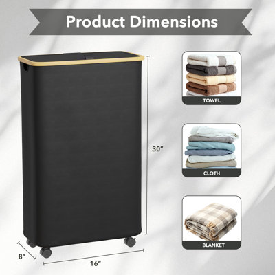 Slim Rolling Laundry Hamper with Lid, 62L Narrow Clothes Basket with Bamboo Handle, for Bedroom, Bathroom, Dorm & Laundry Room