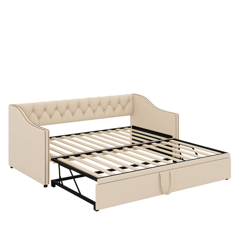 Twin Size Upholstered Daybed With Pop Up Trundle, Beige