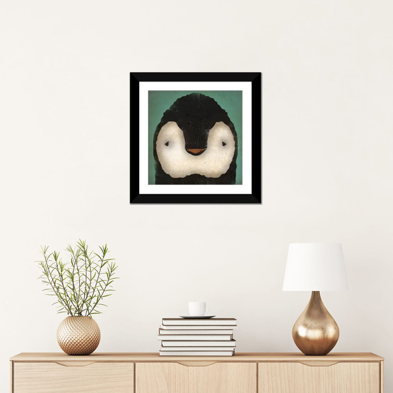 «Baby Penguin on Teal», art sur toile, H 16 po x l 16 po x P 1 po, Papier beaux-arts encadré noir