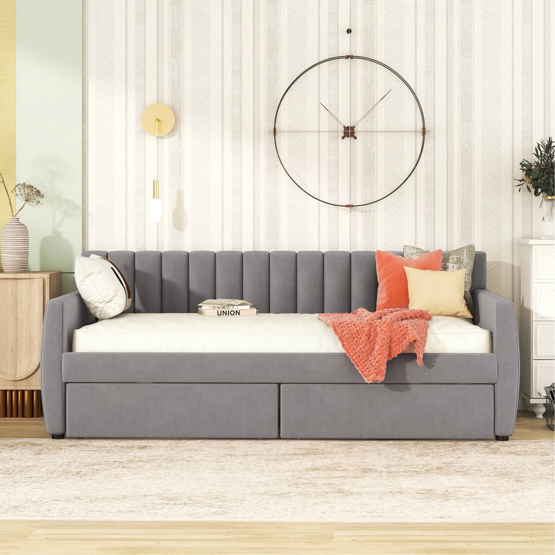 Lit de jour simple tapissier avec tiroirs, support en lattes de bois, gris, Gris, Lit simple