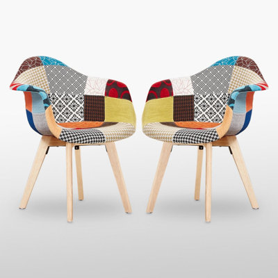 Akendra Patchwork Tub Dining Chairs - Fabric Upholstered Seat and Curved Back with Foam Padding and Solid Wooden Legs - Armchair for Dining Room Kitchen Living Room