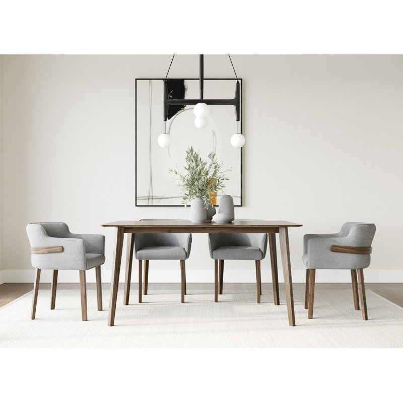 Mukai - Modern Grey Fabric + Walnut Dining Set, 5 Pieces: Table, 4 Chairs