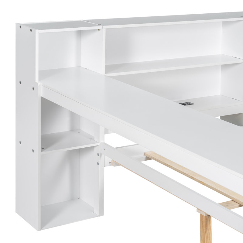 Full Size Wood Platform Bed with Storage Shelves, Drawers, USB Charging, LED, Desk & Upholstered Headboard, White+Beige Cushion