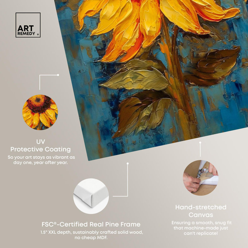 Impressionist Yellow Sunflower Canvas Art Print with Pine Frame