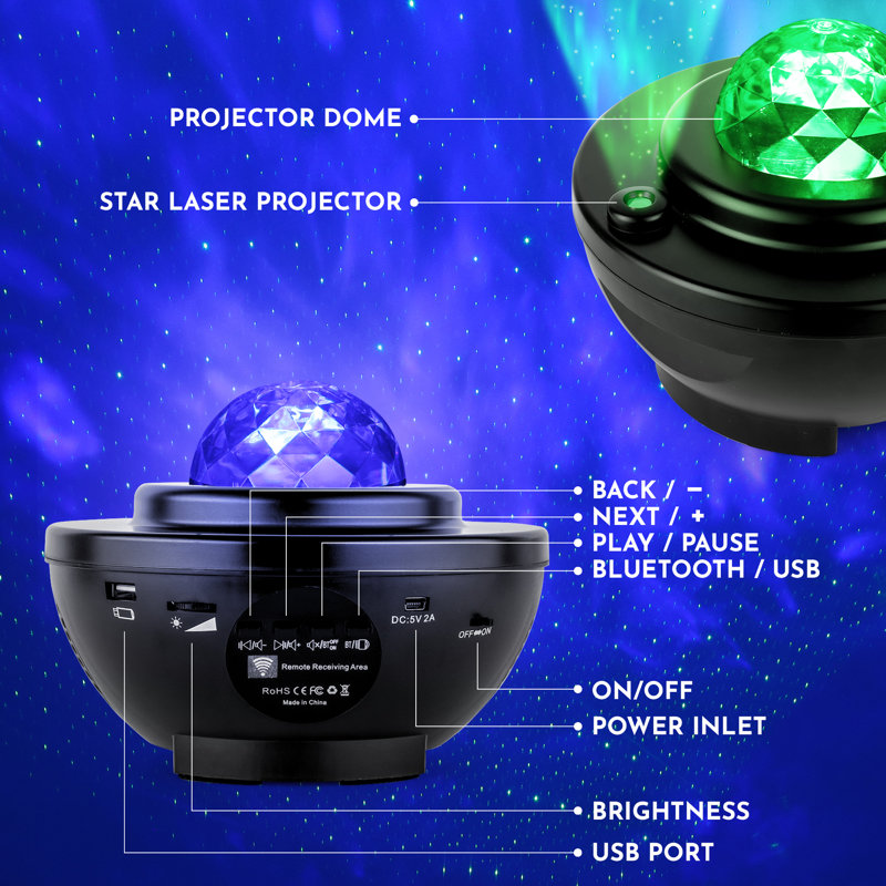 Black LED Star Night Light Projector with Bluetooth Speaker