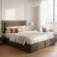EU Double & King PU Storage Bed With 4 Drawers & LED Headboard, Faux Leather Upholstered Frame,  Beige & Grey-374681989-371065740