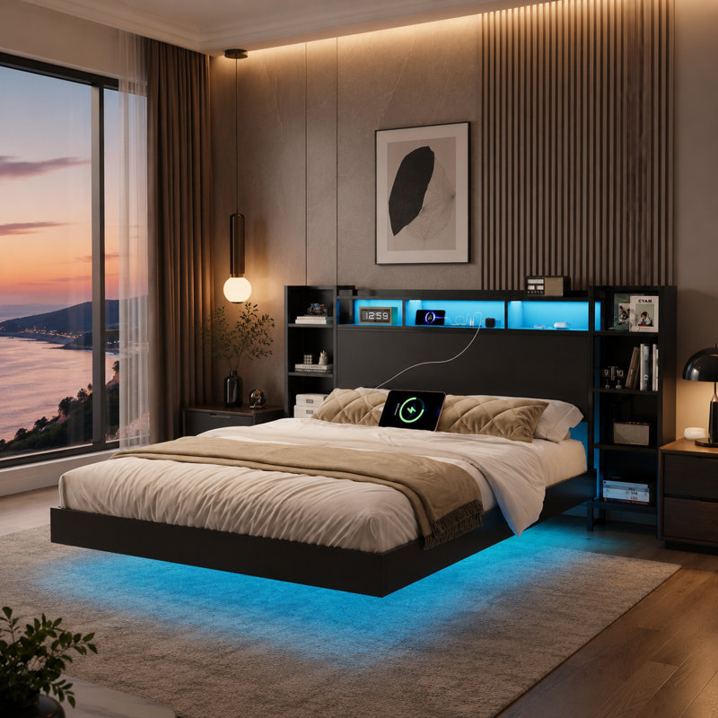  Grand lit, cadre de lit flottant avec tête de lit et lumières DEL; Base de lit plateforme en métal robuste, Queen