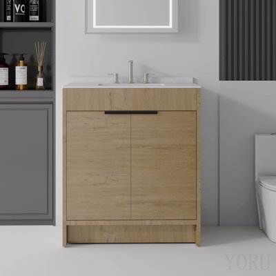 Meuble-lavabo autoportant de 30 po avec lavabo, porte à fermeture douce, comptoir et dosseret en marbre de culture blanc de Carrare de 0,6 po, contreplaqué, chêne