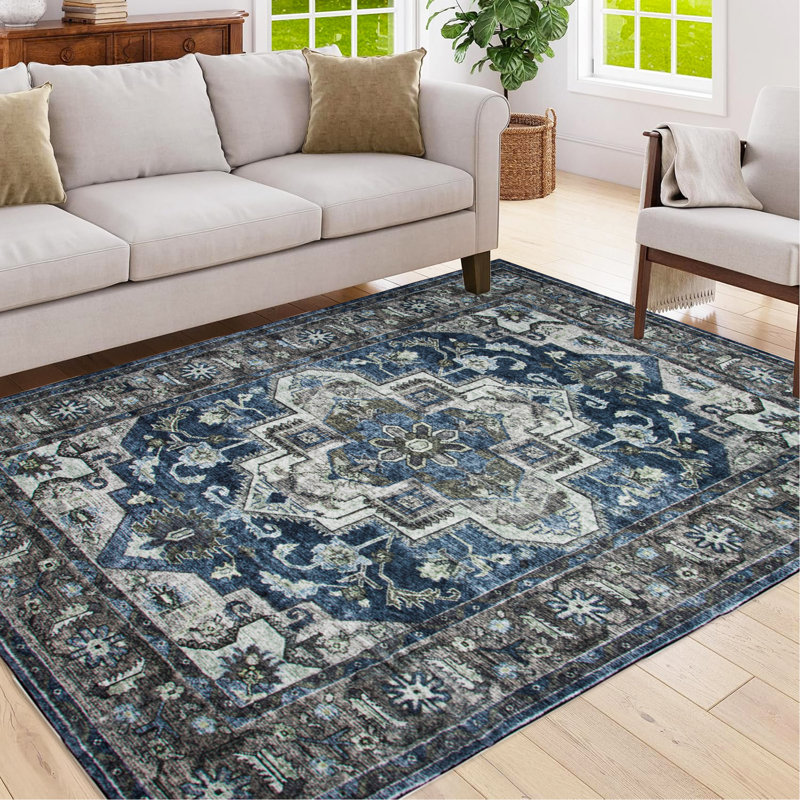 Area Rug 5X7 Vintage Bohemia Non-Slip Washable Rug For Living Room Kitchen Bedroom Living Room Flower Design Blue/Brown
