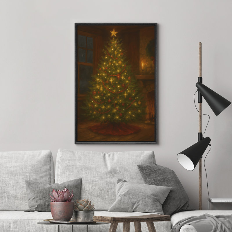 «Glowing Christmas Tree in Cozy Room Warm Holiday Decor», reproduction d'art encadrée sur toile de la chambre principale