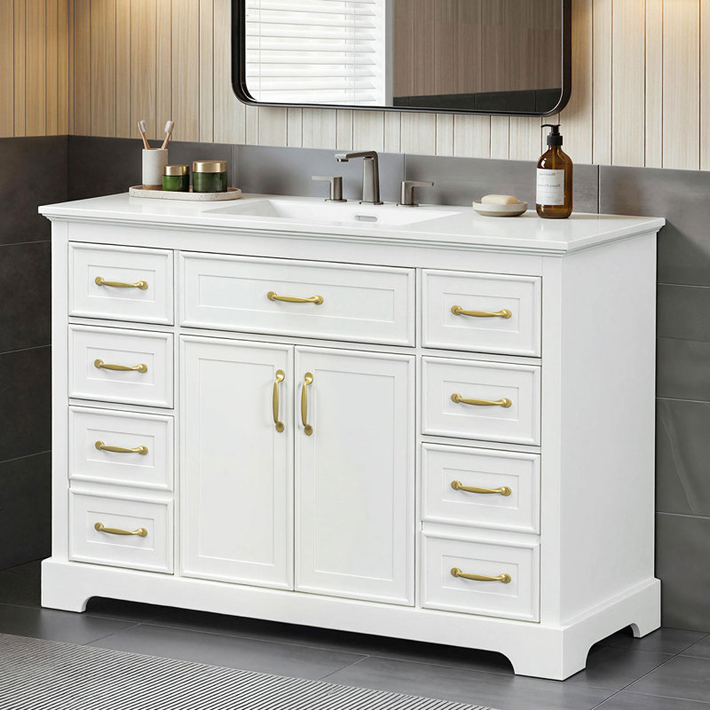 Meuble-lavabo autoportant avec comptoir en composite, 6 tiroirs, portes à fermeture douce, base courbée et poignées dorées