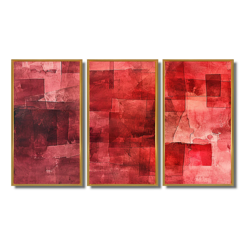 «Cubist Red Secrets - Abstract Collages», ensemble d'art mural, Cadre flottant doré, H 32 po x l 48 po x P 1 po