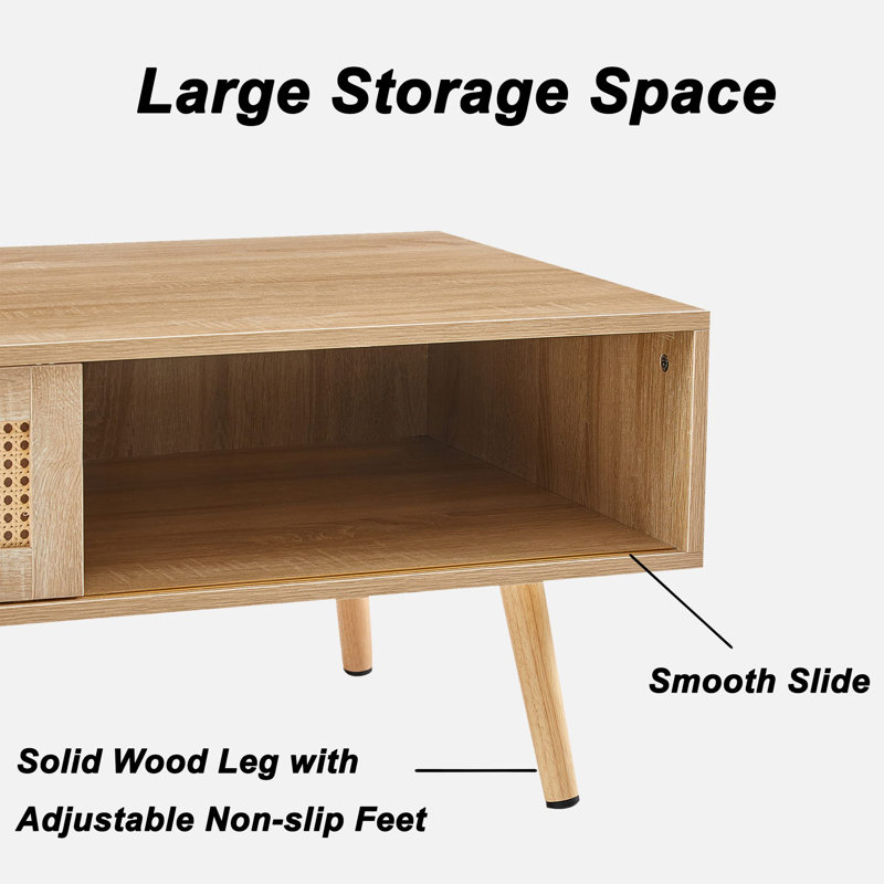 Natural Wood Mid Century Modern Coffee Table with Rattan Storage