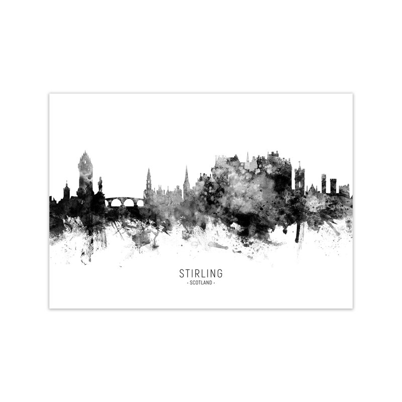 Stirling Scotland Skyline Black White City Name by Michael Tompsett - Print, 30cm H x 42cm W x 1cm D, Unframed