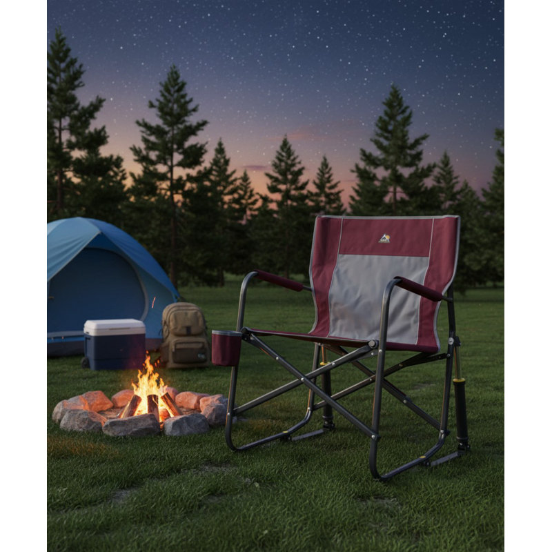 Outdoor Freestyle Rocker Camping Chair, Portable Folding Rocking Chair With Sturdy Armrests, Drink Holder & Comfortable Backrest, Cinnamon