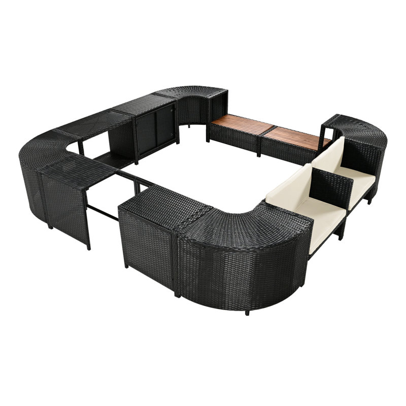Spa Surround Spa Frame Quadrilateral Outdoor Rattan Sectional Sofa Set With Mini Sofa,Wooden Seats And Storage Spaces, Beige