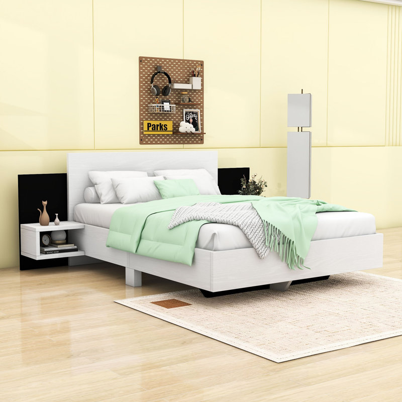 Modern Floating Platform Bed with LED Lighting and Built-in Nightstands, White, Queen