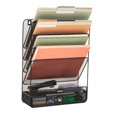 Mind Reader 4-Tier Vertical File Storage, Desktop Organizer, Wall Mount, Office, Metal Mesh, 12.5"L x 4"W x 16.5"H