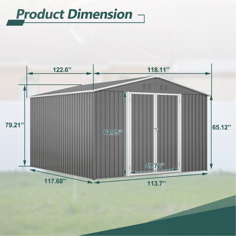 Remise de rangement extérieure 10 x 10 pi, grande remise à outils en métal avec structure à cadre et portes verrouillables, abri de jardin pour la cour de jardin, gris