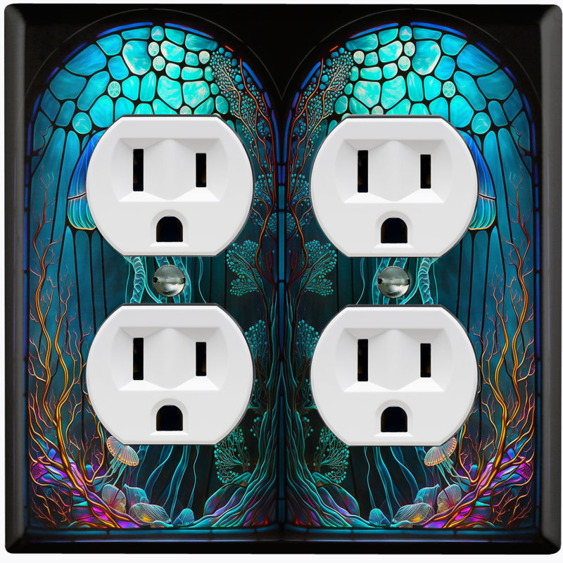Cute Jelly Fish Blue Glass Art Print Copper Rust Patina Teal Print 2 - Gang Toggle Light Switch Standard Wall Plate