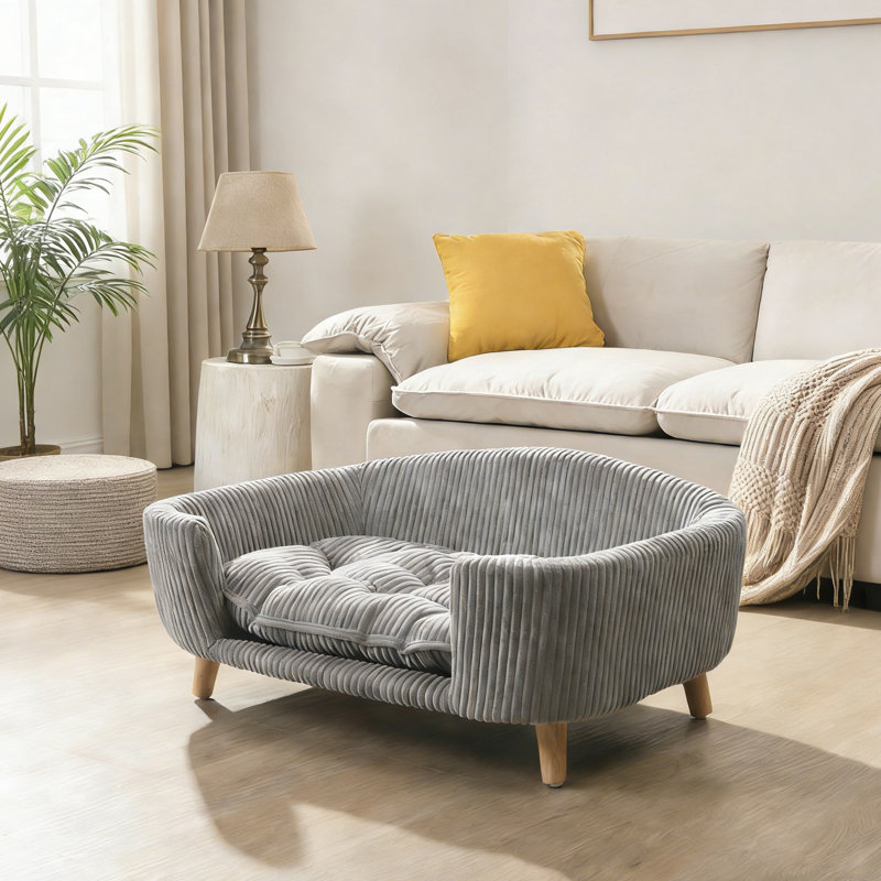 Structure de lit pour chien surélevée pour petit chien, lit en velours côtelé avec pieds en bois d'hévéa et mousse de soutien, gris, assemblage facile