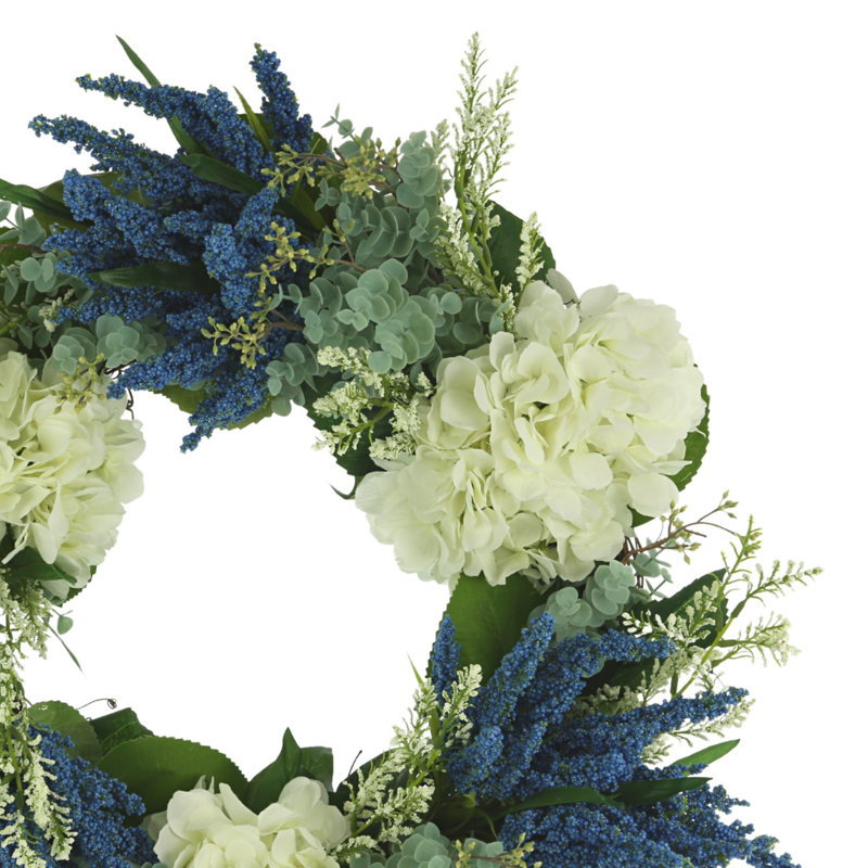 24" Hydrangea, Heather And Eucalyptus Wreath, Blue/Green/White
