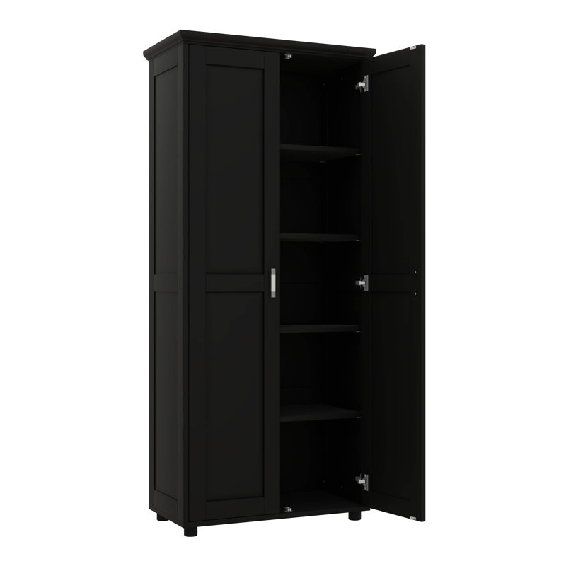Lofty Wooden Bookcase With Dual Doors, Adjustable Shelving, Freestanding Kitchen Pantry Unit, Matte Black