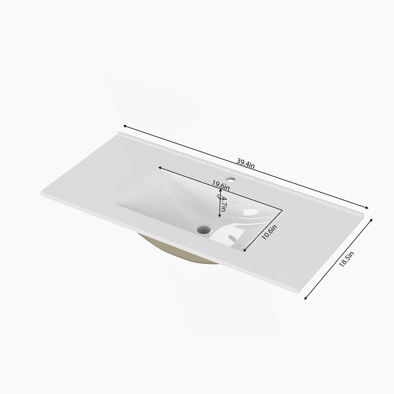 39.4-Inch White Ceramic Bathroom Sink, Fits 36-Inch Vanity,Pre-Drilled Faucet Hole,Modern Minimalist Design,Durable & Easy To Clean