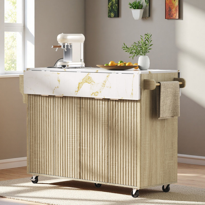 55.5" Fluted Kitchen Island With 2 Drop Leaf, Kitchen Storage Cart With Power Outlet, 4 Doors, Spice Rack, Rolling Island Table ，Curved Edge For Kitchen, Dining Room