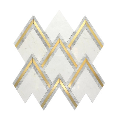 Motif à chevron et chevron Bianco Carrara et Thassos - mosaïque de marbre blanc 12,20 po x 12,28 po avec barres dorées