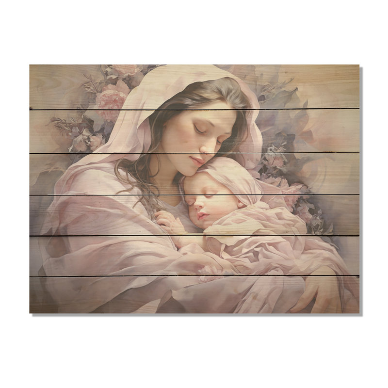 «Marys Maternal Mauve Christanism - Christianity Wood», art mural sur bois de pin naturel, H 30 po x l 40 po