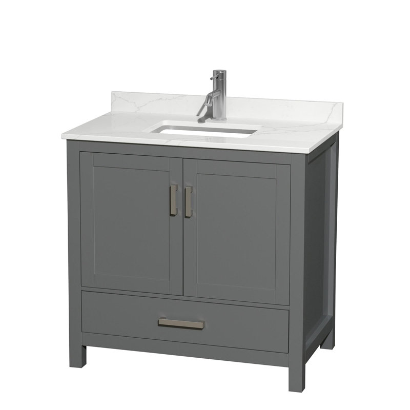 Ensemble de meuble-lavabo simple 36 po avec plateau en quartz Sheffield, Quartz blanc, Gris foncé, Chrome