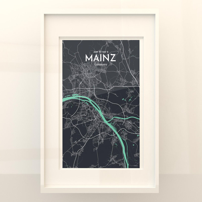 Mainz, carte de la ville, impression, Vert/gris, H 17 po x l 11 po