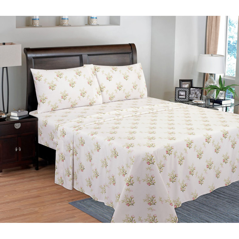  Ensemble de draps en percale 100% coton 200 fils Floral, Ensemble de draps pour grand lit + un drap-housse 