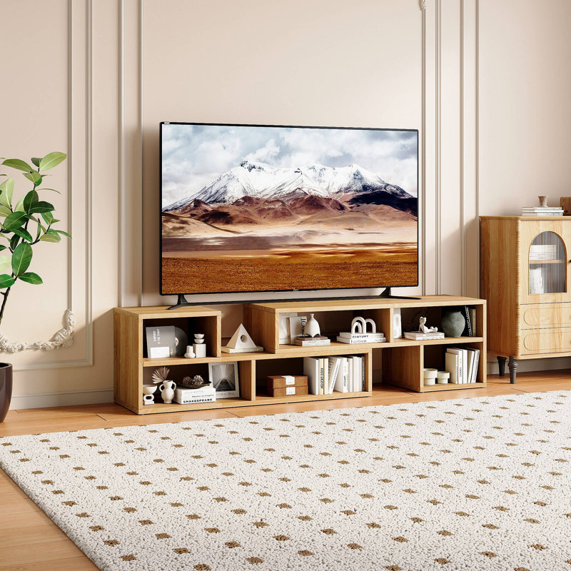 Meuble télé modulaire Freestyle, console multimédia réglable en bois clair avec compartiments de rangement ouverts, meuble télé minimaliste moderne, meuble télé à combinaison libre