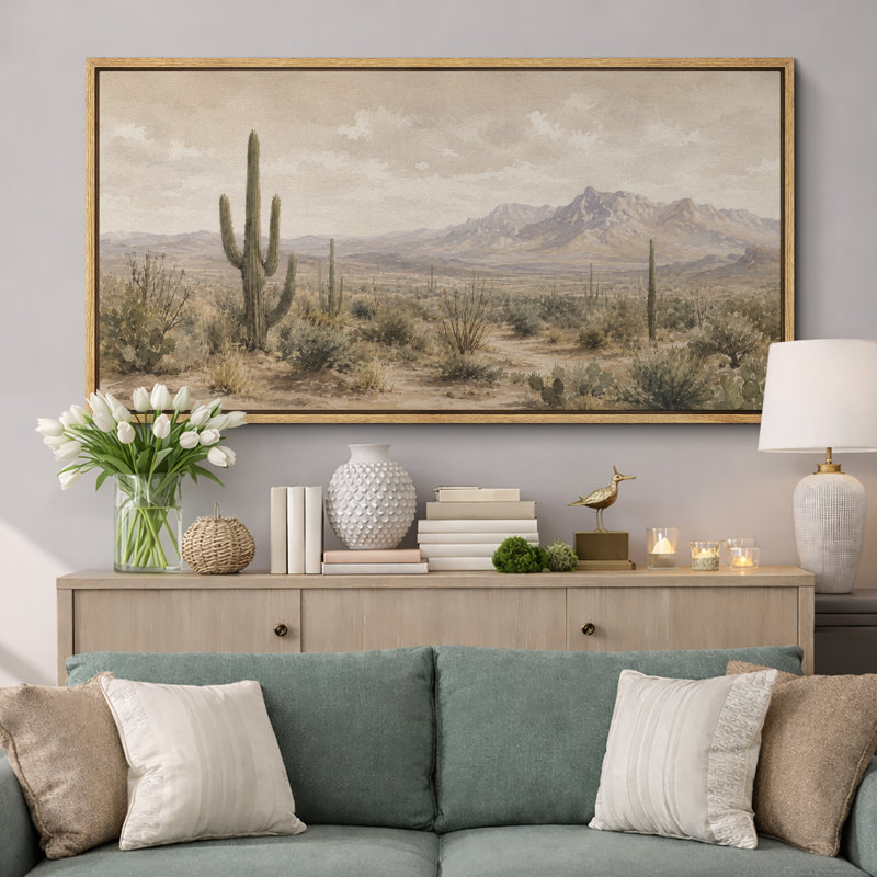 «Warm Desert Cactus Mountain View», images de salon, impression sur toile encadrée, 3 pièces, H 24 po x l 48 po x P 1,5 po