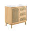 Meuble-lavabo moderne Driftwood de 91 cm de large avec lavabo en résine SMC, portes incrustées en rotin et rangements multizones pour une salle de bain digne d'un spa.