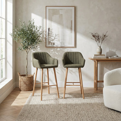 Modern Set of 2 Upholstered Bar Stools with Curved Backrest, Armrests, and Footrest for Kitchen Islands and Counter Height Dining, Featuring Solid Wood Legs and Durable Fabric Seating