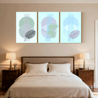 Boho abstrait contemporain, feuilles, cercles, lignes, conception minimaliste, ensemble de 3 reproductions d'art sur toile