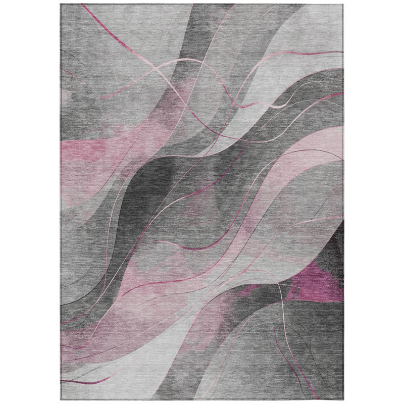 Tapis d'extérieur lavable abstrait 10 pi x 14 pi rose et gris argenté