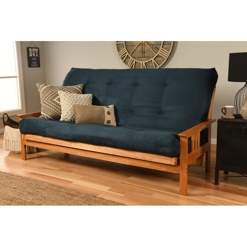 Structure de futon et matelas pour grand lit Johnte 86 po Johnte, Suède en microsuède bleu, Noyer cendré