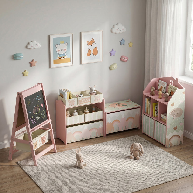 Bibliothèque pour enfants avec rangement, armoire de rangement pour jouets et présentoir à livres, Rose
