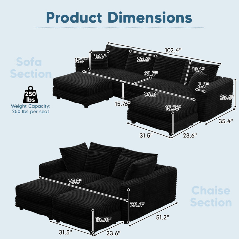 Canapé modulaire 103 po avec conversion de méridienne et 2 coussins décoratifs 103 po, Velours côtelé noir