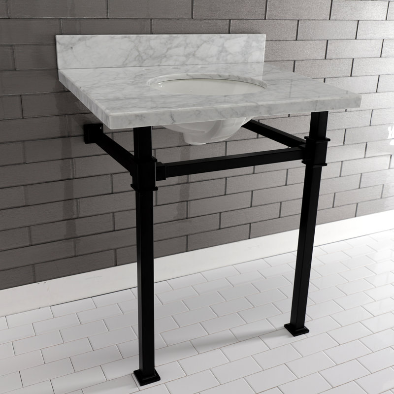 Kingston Brass Monarch 30-Inch Carrara Marble Console Sink with Stainless Steel Legs (8-Inch, 3-Hole)