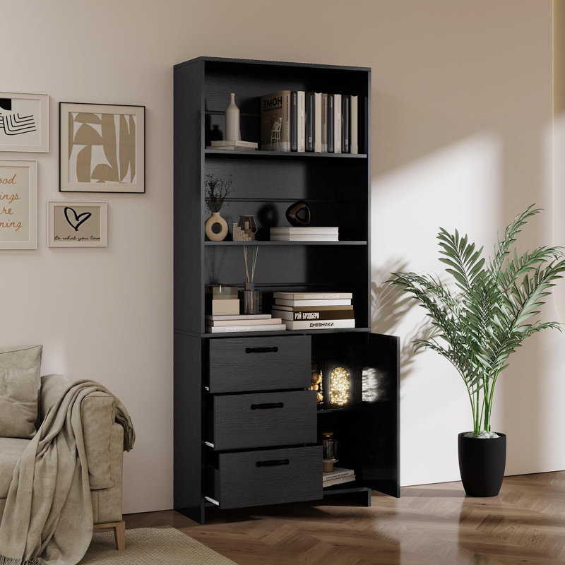 71" H Bookshelf with 3 Drawers and Door, Bookshelf and Bookcase with 3-Tier Open Shelves