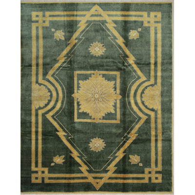 Green Hand-Knotted Wool Art Deco Diamond Geometric Modern Contemporary Carpet Rug