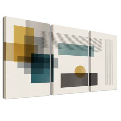 Ensemble de 3 toiles murales représentant des formes et des lignes géométriques dans les tons moutarde et turquoise