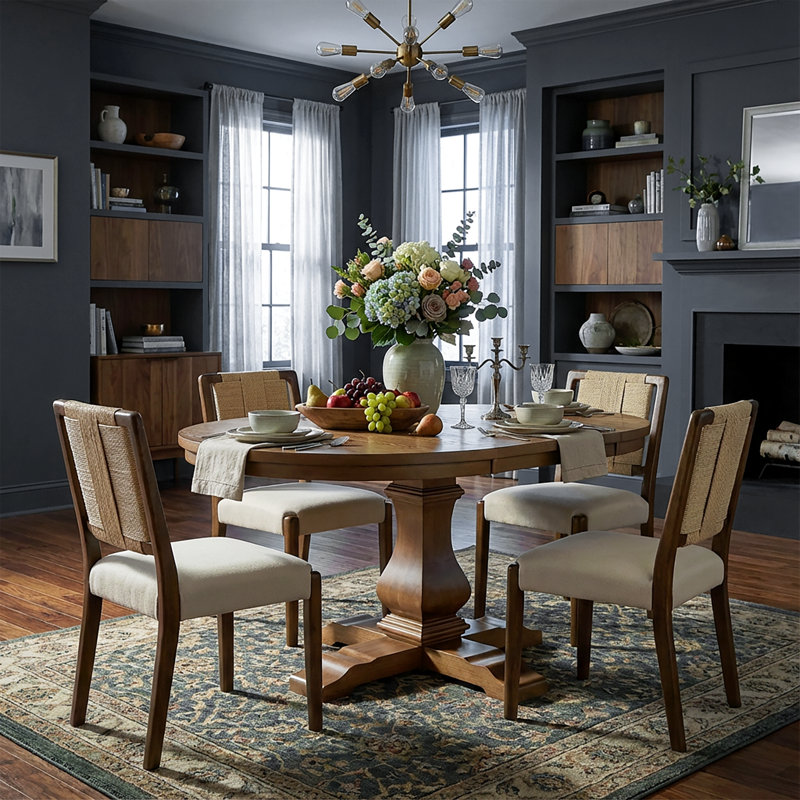 Elara  5-Piece Rustic Rubberwood Extendable Dining Set With Woven Rope Back Chairs, Beige/Walnut, Walnut