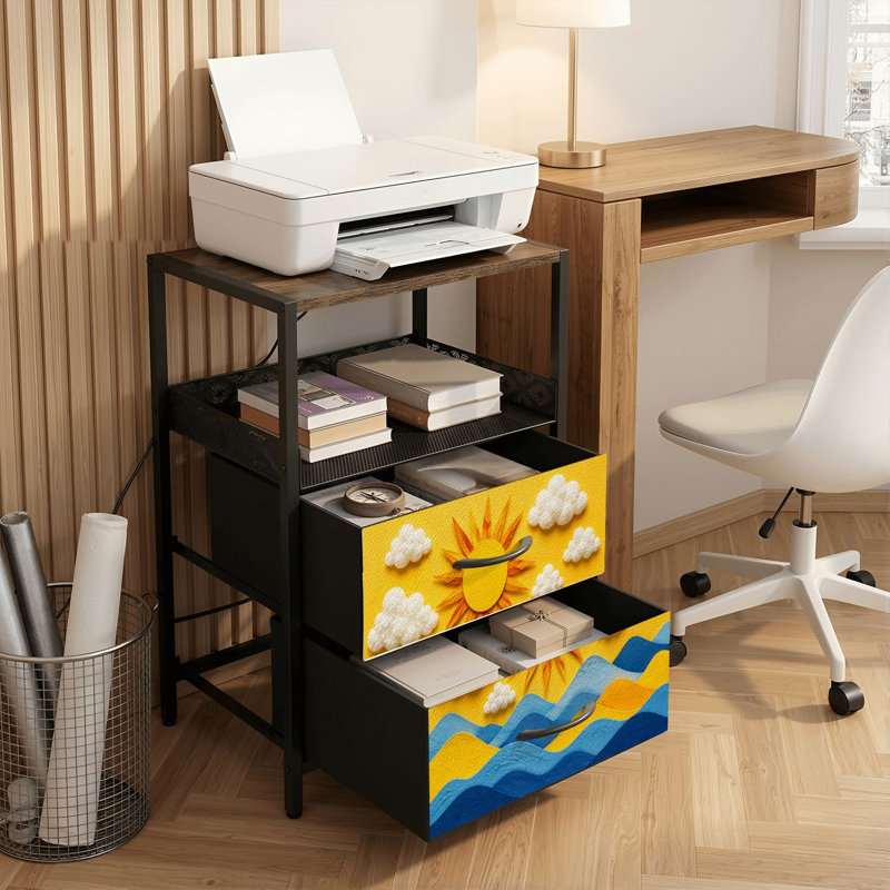 Table de chevet 2 tiroirs avec station de charge, table de chevet pour chambre à coucher avec ports USB, tablette ouverte noire, table de chevet avec impression de vagues bleues et jaunes